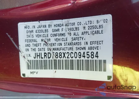 2002 Honda Cr-V Ex from USA, damaged, VIN JHLRD788X2C094584